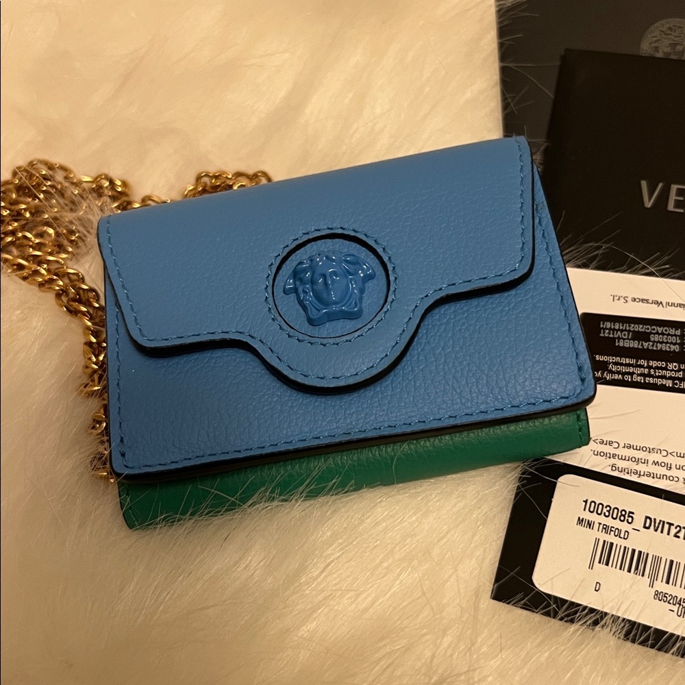 Versace Blue and Green Leather Mini Wallet with Gold Chain